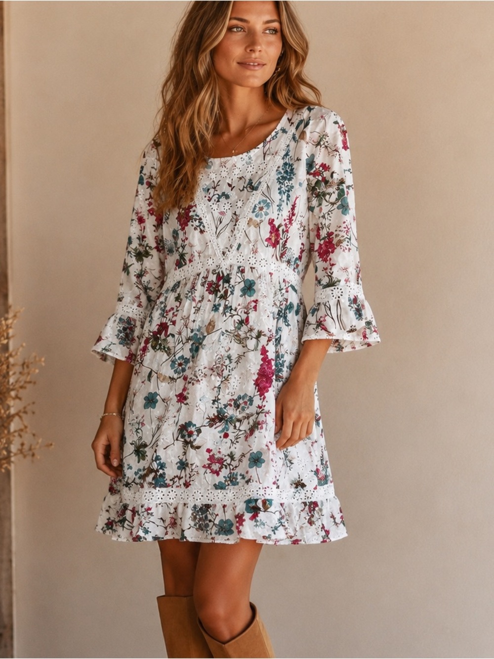 Sanctuary Floral Eyelet Boho Cottagecore Dress White Multicolor 3/4 Sleeve S